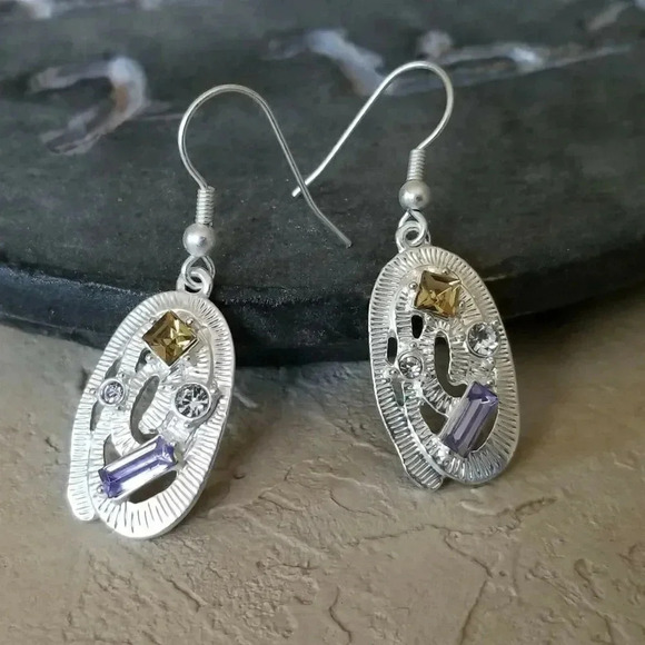 Art Nouveau Sterling Silver Plated Oval Topaz Blue Clear Crystal Dangle Earrings - Picture 1 of 5